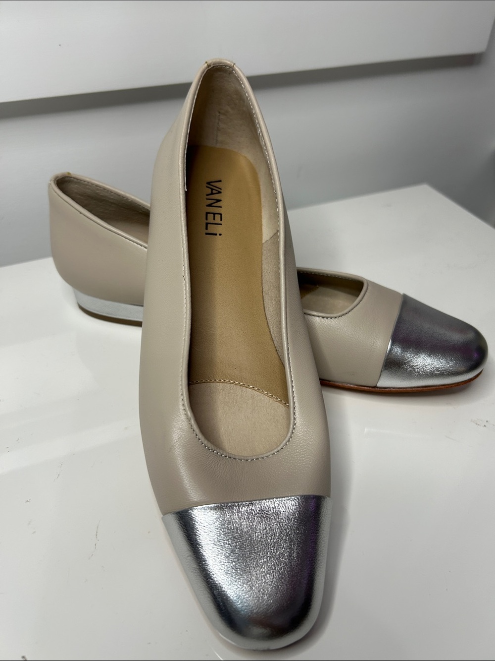 Vaneli Taupe Leather Flats with Metallic Silver Cap Toe